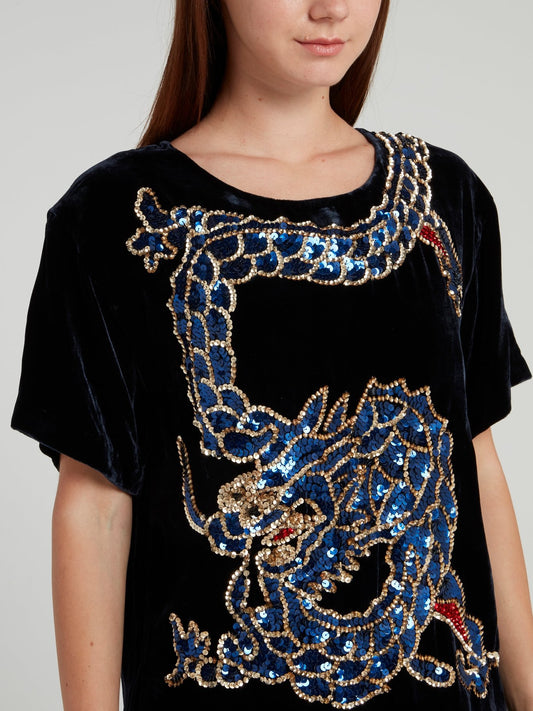 Black Sequin Dragon Velvet Top