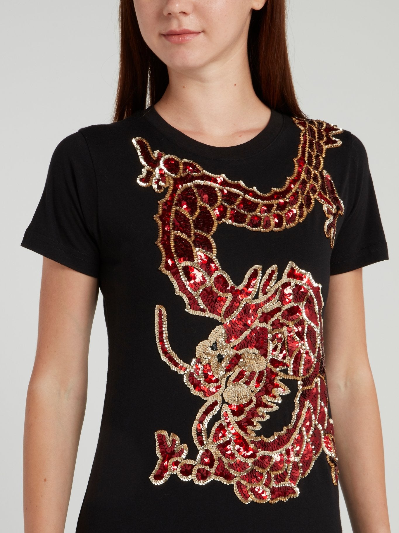 Black Sequin Embellished Dragon T-Shirt
