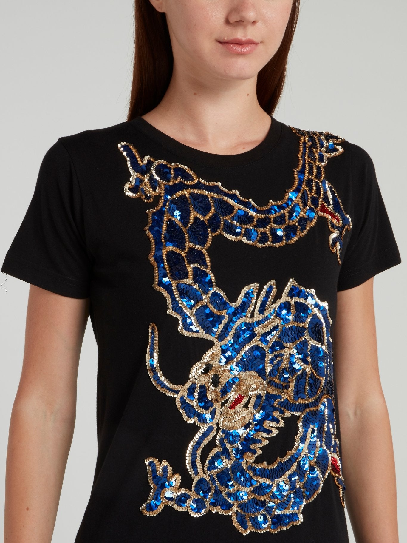 Black Embellished Dragon Cotton T-Shirt
