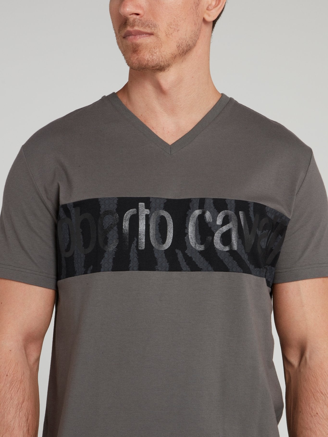 Grey Tiger Print Panel V-Neck Shirt