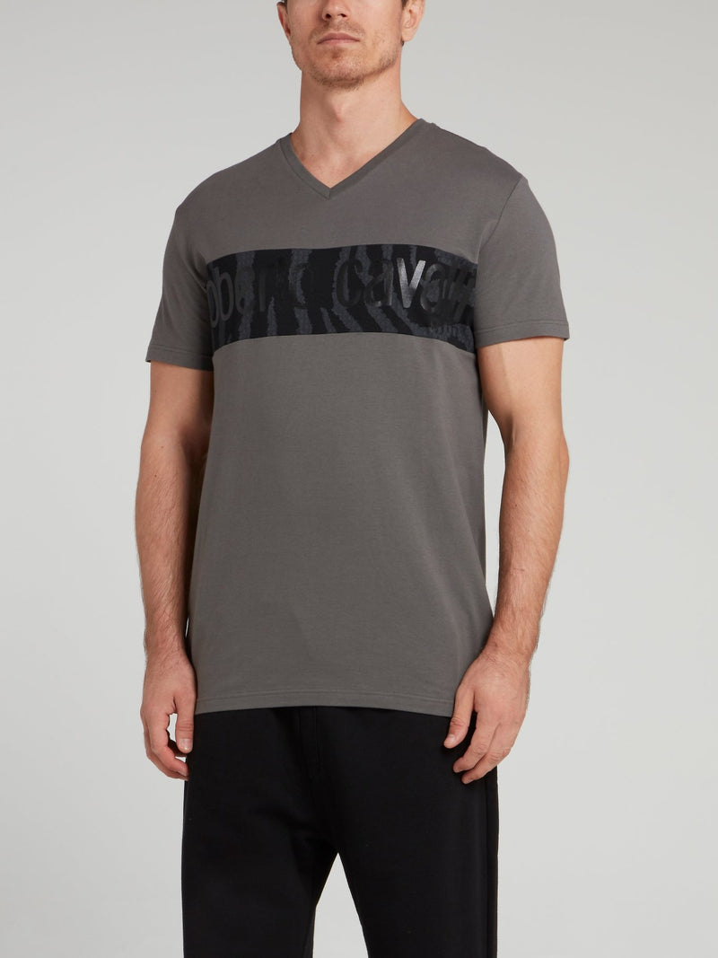 Grey Tiger Print Panel V-Neck Shirt