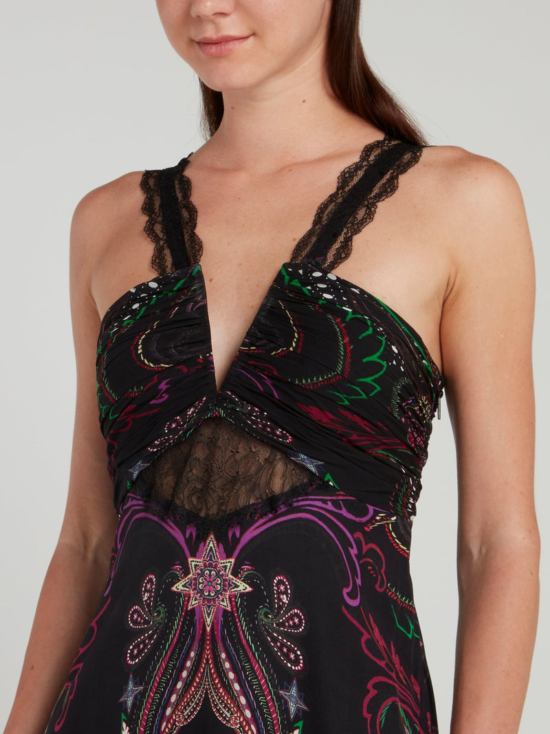Black Paisley Print Lace Strap Maxi Dress