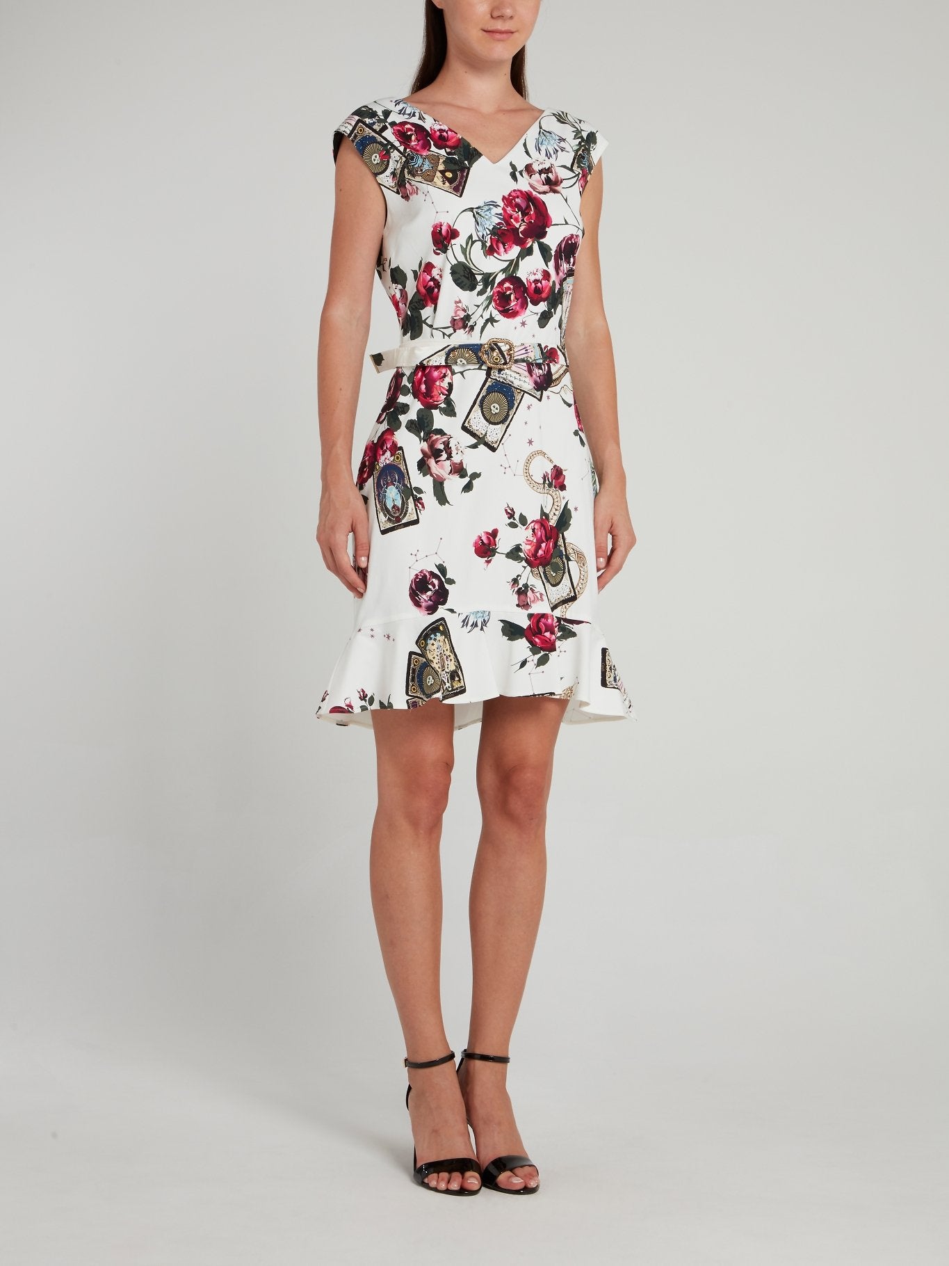 knee length dresses for ladies Floral Belted Frill Trim Mini Dress
