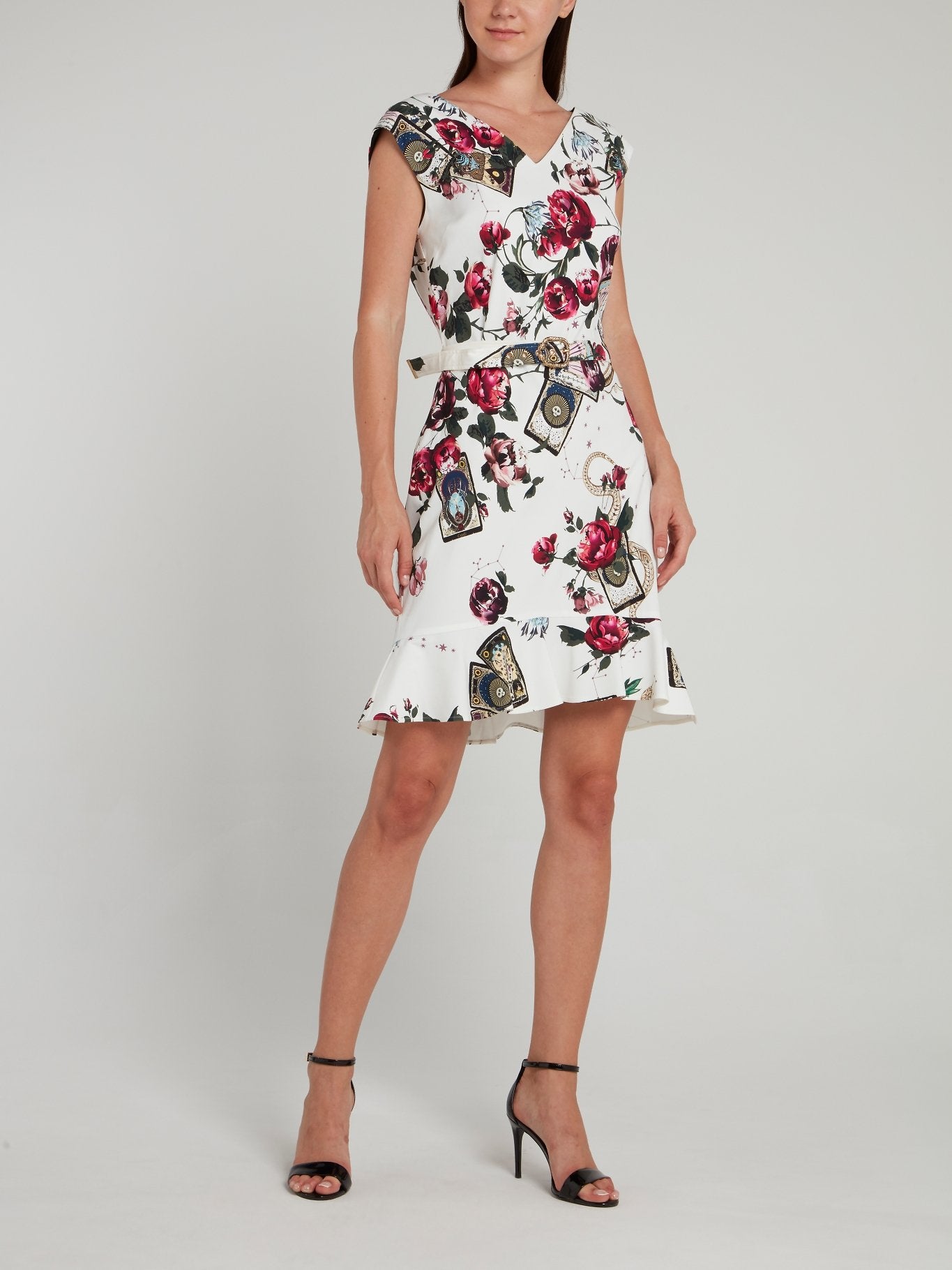 White Floral Print Belted Mini Dress