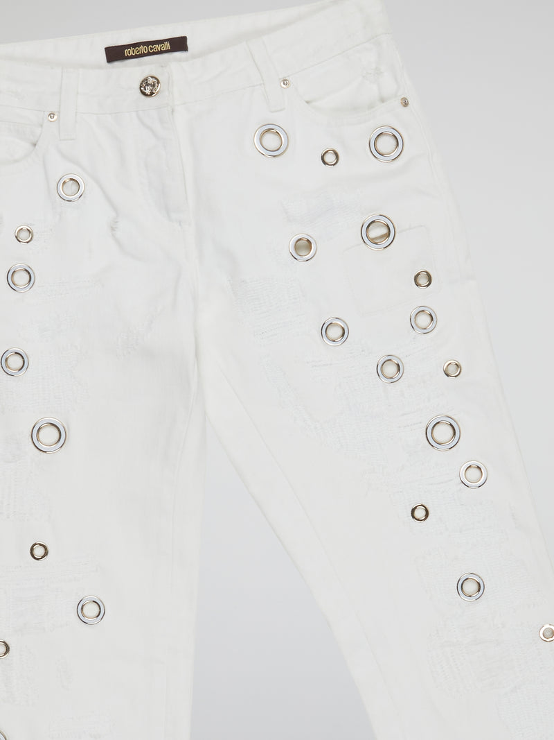 Elevate your denim game with these stunning White Embellished Denim Jeans by Roberto Cavalli. Featuring intricate beadwork and shimmering embellishments, these jeans are truly a work of art. Stand out from the crowd and make a statement with these one-of-a-kind, luxurious jeans.