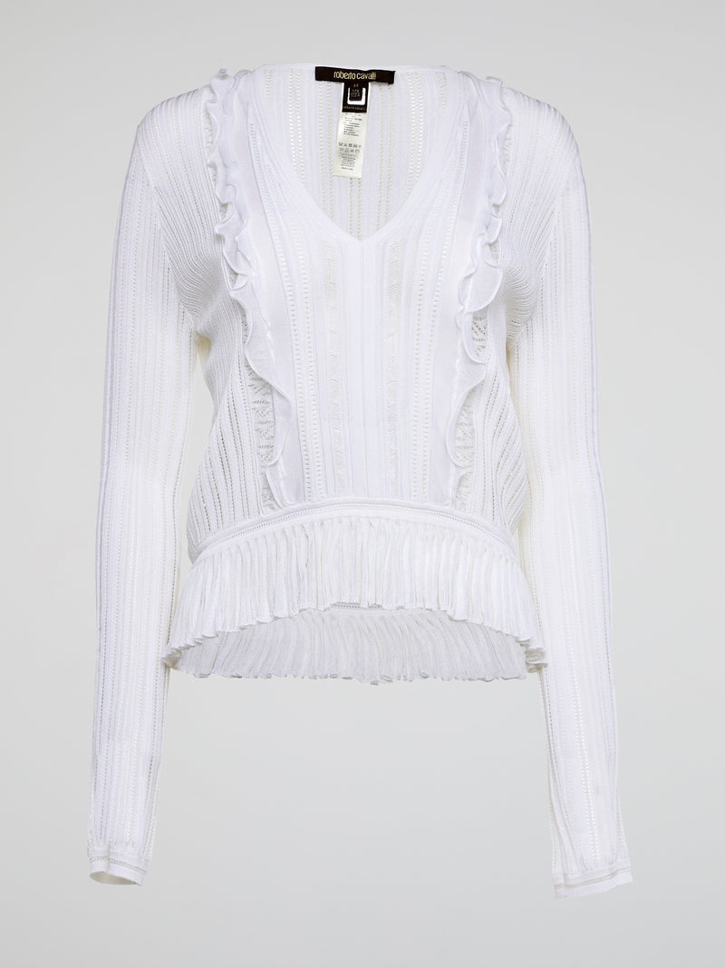 Elevate your wardrobe with the White Rib Knit Long Sleeve Top from Roberto Cavalli. Crafted with luxurious ribbed fabric, this top boasts a flattering silhouette and a timeless white hue perfect for any occasion. Embrace effortless elegance and make a statement with this must-have wardrobe staple.