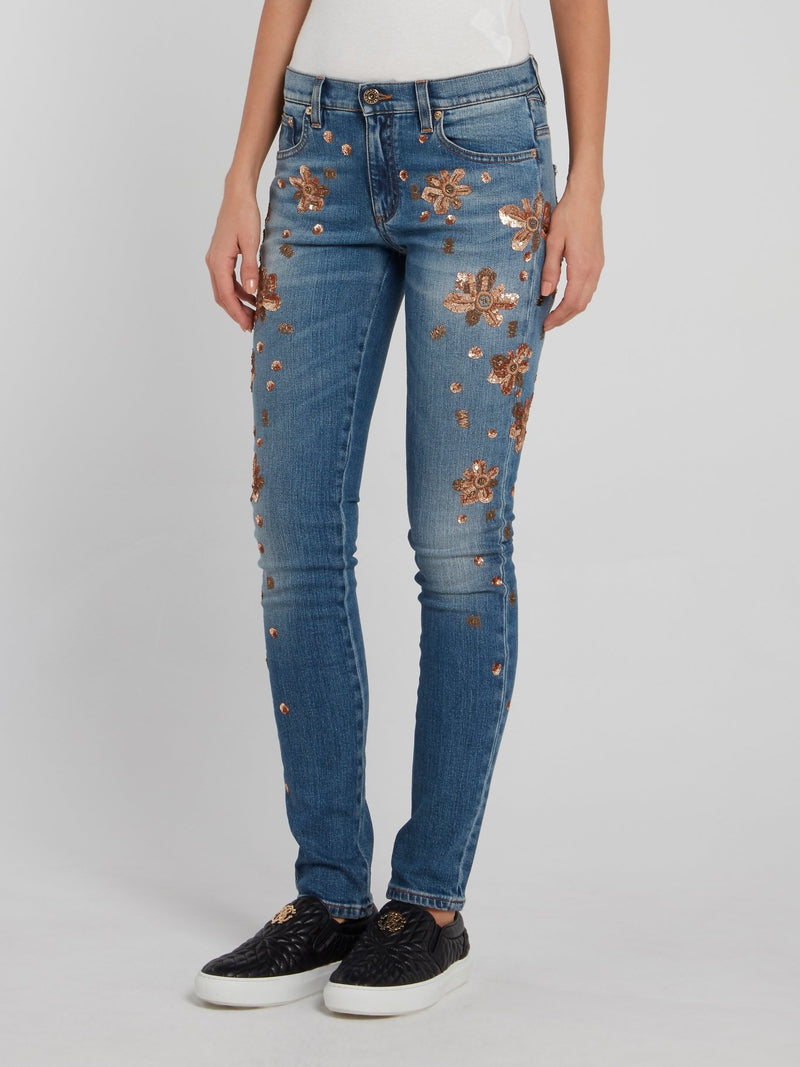 Blue Sequin Detail Skinny Jeans