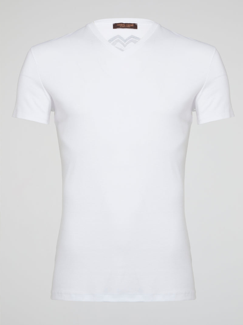 Embrace your inner style icon with this must-have White Logo Print V-Neck T-Shirt from Roberto Cavalli Underwear. Crafted from luxurious soft cotton, this tee exudes sophistication and comfort. Pair it with your favorite jeans for a look that is effortlessly chic and timeless.