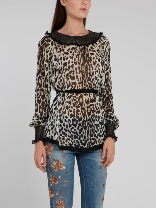 Leopard Print Glitter Ribbed Edge Shirt