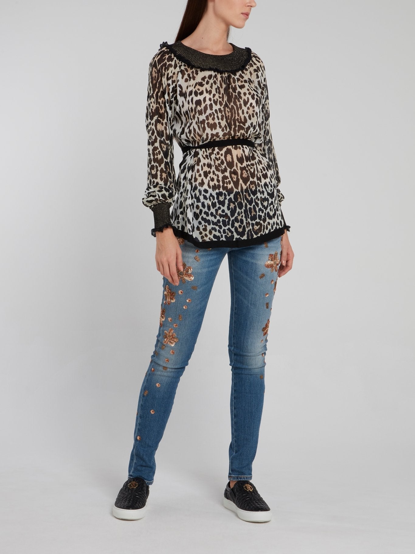 Leopard Print Glitter Ribbed Edge Shirt