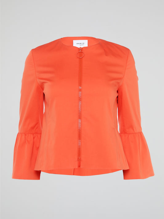 Step into the vibrant world of fashion with our Orange Flared Cuff Top by Akris Punto. This striking masterpiece will make you the center of attention, combining clean lines with an audacious pop of color. The flared cuffs add a playful touch, elevating your style to new heights while bringing out your inner confidence.