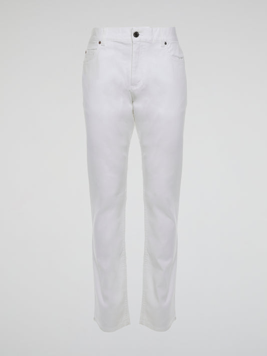 Introducing the epitome of impeccable style, the White Straight Cut Trousers by Roberto Cavalli. Crafted from luxuriously soft fabric, these trousers embrace elegance and sophistication with their sleek silhouette. Elevate your fashion game effortlessly, as you flaunt these timeless trousers that effortlessly blend comfort and class.