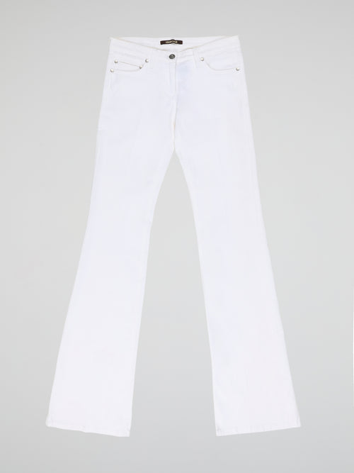 Step into fashion-forward elegance with these White Flared Jeans from renowned designer Roberto Cavalli. Crafted with meticulous attention to detail, these jeans feature a flattering high waistline and a mesmerizing flared silhouette that effortlessly elongates your legs. The pure white hue adds a touch of sophistication, making them the perfect statement piece for any occasion.