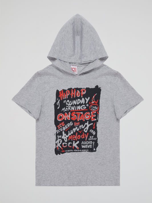 Transform your little one's wardrobe with our Grey Statement Print Hooded T-Shirt from Iceberg. This super-cool and comfy tee merges urban style with playful charm, featuring an icy-blue iceberg print that adds a unique twist to their outfits. With its cozy hood and soft fabric, this t-shirt is perfect for keeping them stylishly snug all day long.