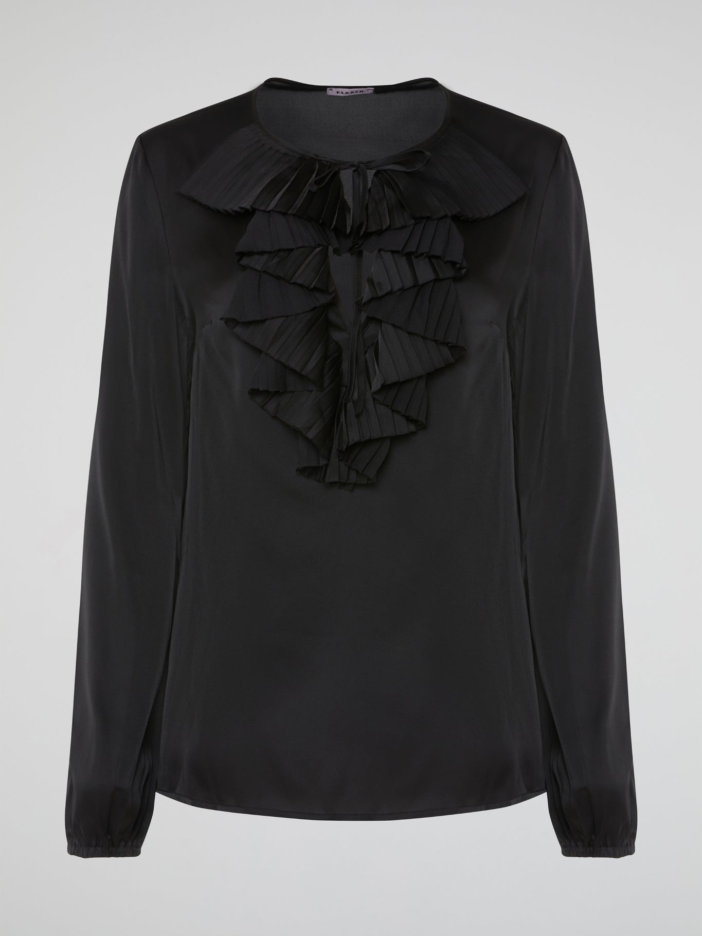 Introducing the Black Ruffle Bib Blouse by Parosh, where timeless elegance meets playful charm. Crafted with utmost precision, this statement piece features a beautifully sculpted ruffle bib that adds a touch of whimsy to your ensemble. With its sophisticated black hue and impeccable tailoring, this blouse is a must-have addition to your wardrobe, seamlessly elevating any outfit from day to night.