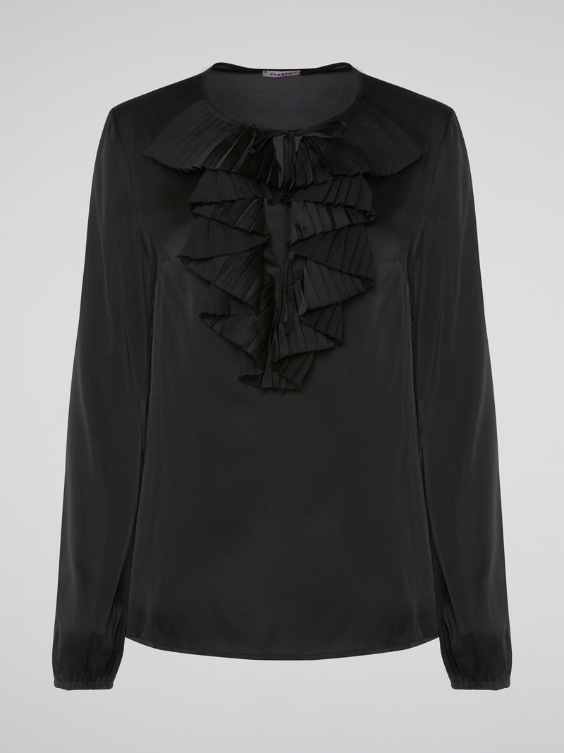 Introducing the Black Ruffle Bib Blouse by Parosh, where timeless elegance meets playful charm. Crafted with utmost precision, this statement piece features a beautifully sculpted ruffle bib that adds a touch of whimsy to your ensemble. With its sophisticated black hue and impeccable tailoring, this blouse is a must-have addition to your wardrobe, seamlessly elevating any outfit from day to night.