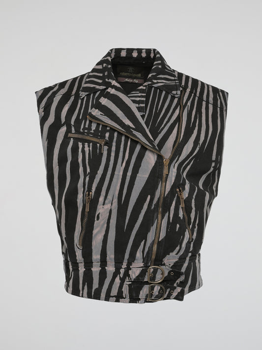 Step into the wild side of fashion with the mesmerizing Zebra Print Sleeveless Jacket by Roberto Cavalli. This avant-garde masterpiece effortlessly combines the untamed spirit of zebras with the sophistication of Italian craftsmanship. With its bold monochromatic stripes and impeccable tailoring, this statement piece will make heads turn and hearts skip a beat wherever you go.