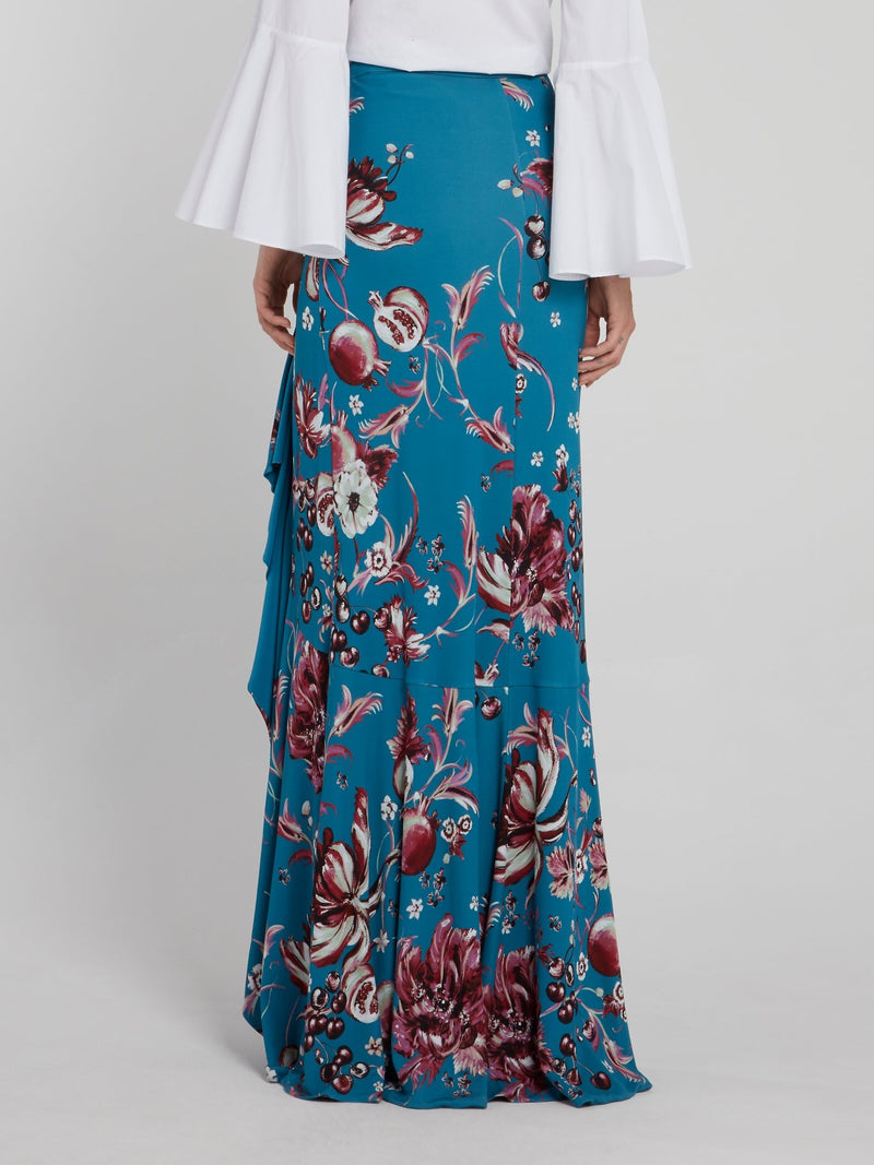 Blue Floral Print Ruffle Maxi Skirt