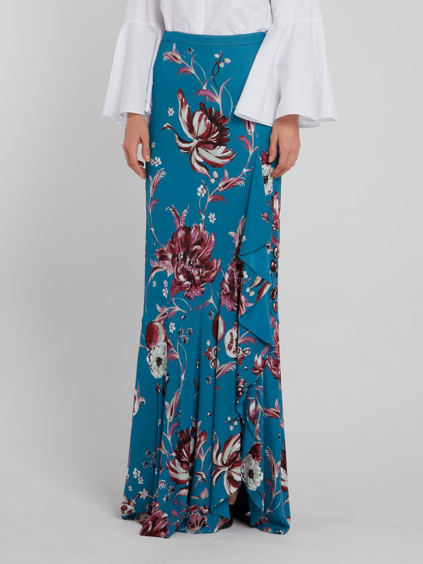 Blue Floral Print Ruffle Maxi Skirt