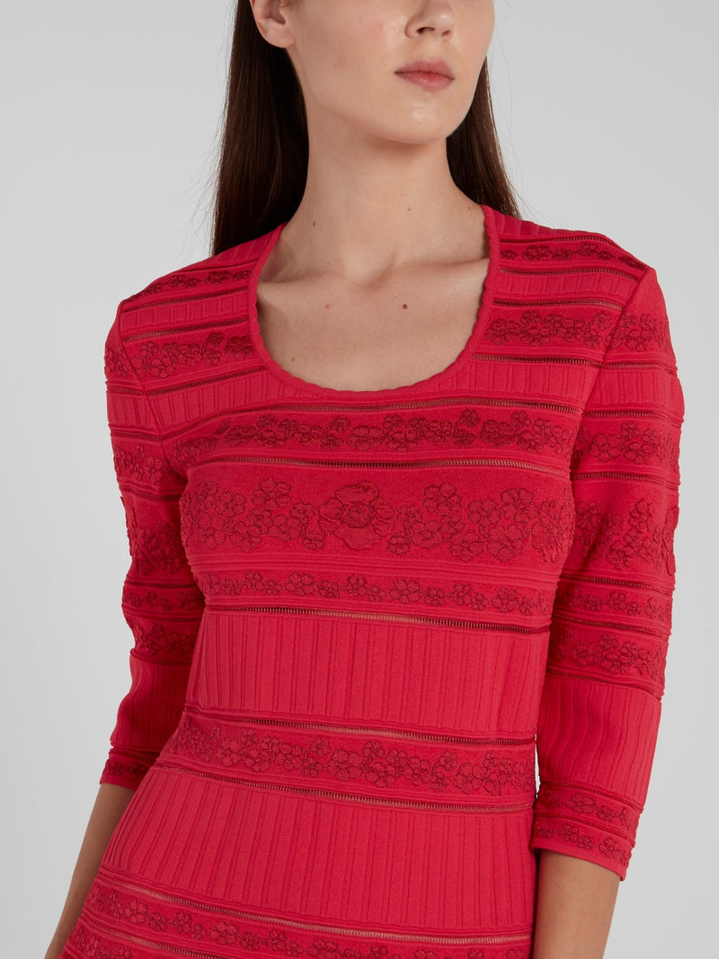 Red Floral Knitted Flared Dress