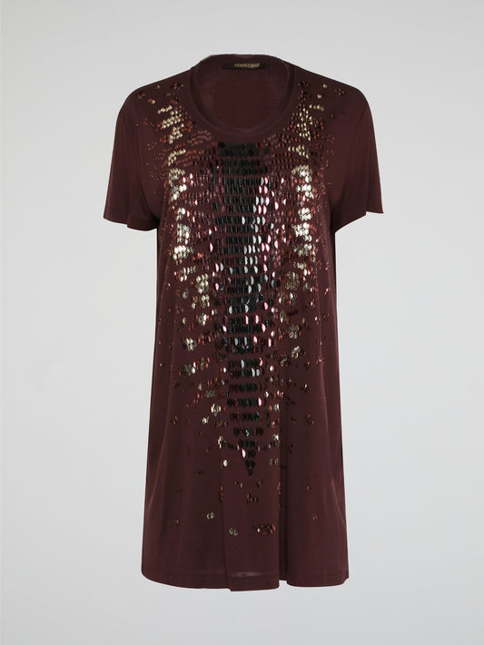 Step out in style with this stunning Burgundy Sequin Embroidered T-Shirt Dress by Roberto Cavalli. The intricate sequin detailing adds a touch of glamour, while the relaxed t-shirt silhouette ensures comfort and ease of wear. Perfect for a night out or special event, this dress is sure to turn heads and make a statement wherever you go.