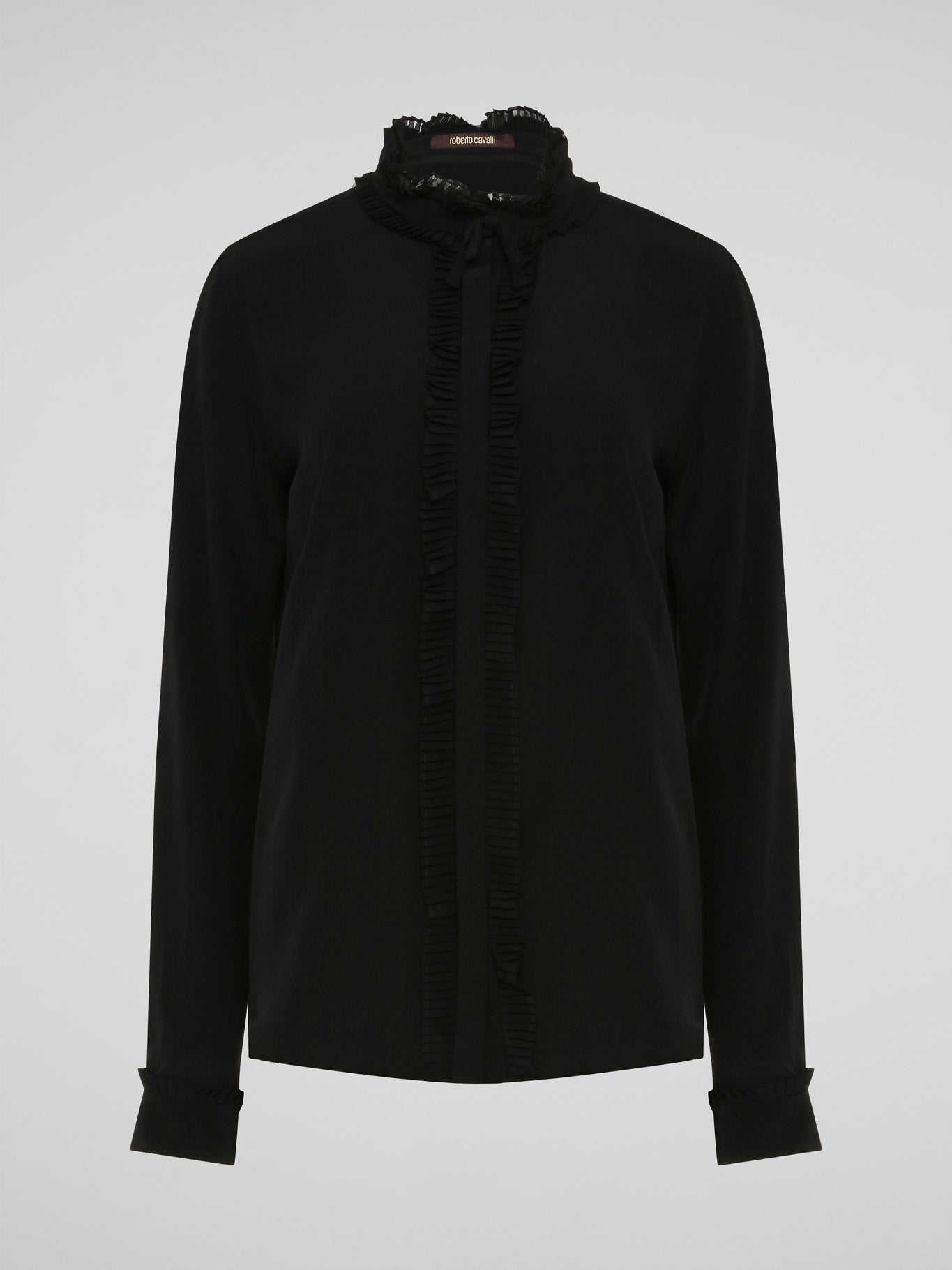 Step into the world of high fashion with this Roberto Cavalli Black Frill Detailed Blouse. The flowing silhouette is accentuated by intricate frill detailing, adding a touch of drama and elegance to any outfit. Whether paired with jeans for a casual chic look or with a skirt for a night out, this blouse is sure to turn heads wherever you go.