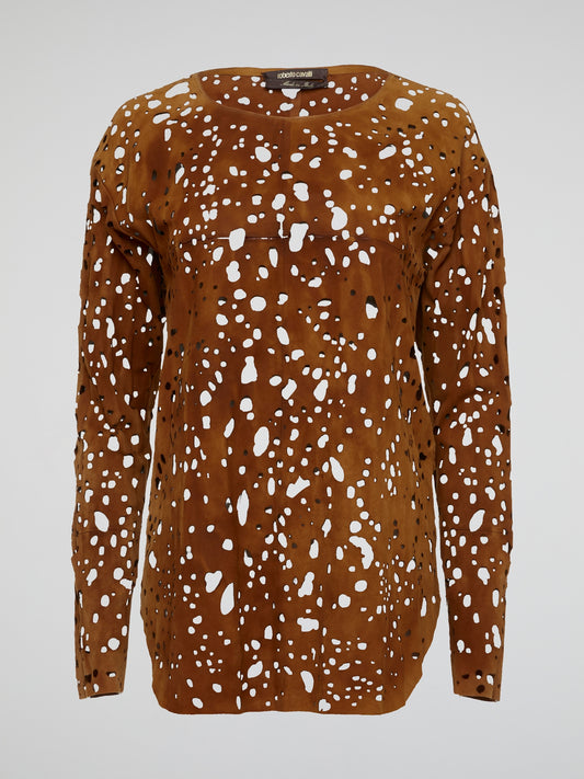 Step up your style game with this Roberto Cavalli Brown Perforated Long Sleeve Top, designed to make a statement wherever you go. The intricate perforated detailing adds a touch of edge to this classic silhouette, perfect for adding a touch of sophistication to any outfit. Elevate your wardrobe with this must-have piece that combines high-fashion with everyday luxury.