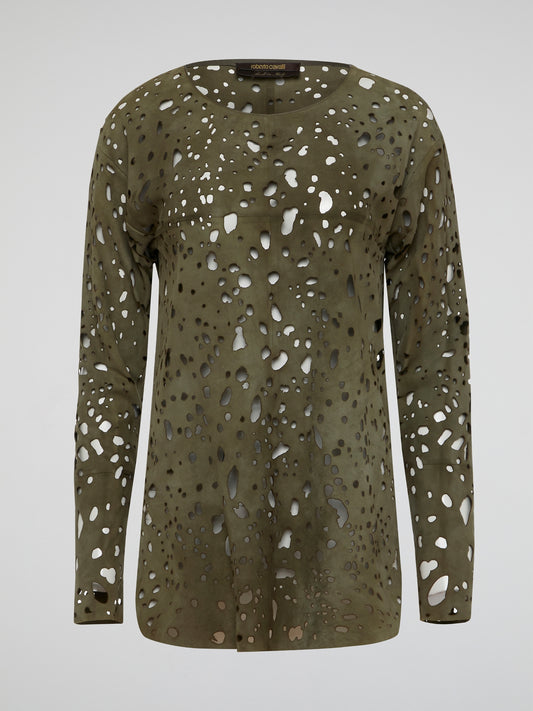 Elevate your casual look with this effortlessly chic Green Perforated Long Sleeve Top from Roberto Cavalli. The intricate perforated detailing adds a touch of edge and sophistication to a classic silhouette. Crafted from luxurious materials, this top ensures both style and comfort for any occasion.