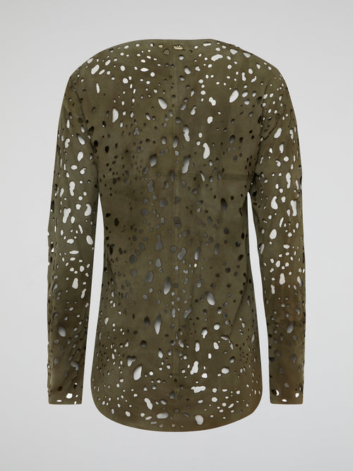 Elevate your casual look with this effortlessly chic Green Perforated Long Sleeve Top from Roberto Cavalli. The intricate perforated detailing adds a touch of edge and sophistication to a classic silhouette. Crafted from luxurious materials, this top ensures both style and comfort for any occasion.