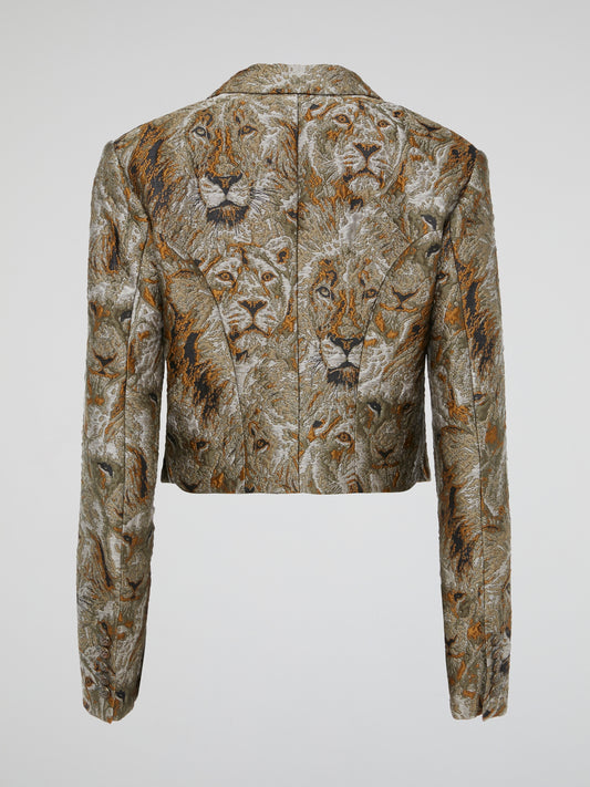 Release your inner lioness with this stunning Lion Print Cropped Blazer from Roberto Cavalli. Made from luxurious materials and featuring a bold, eye-catching lion print, this blazer is sure to make you stand out from the crowd. Pair it with your favorite jeans for a fierce and fashion-forward look that will turn heads wherever you go.