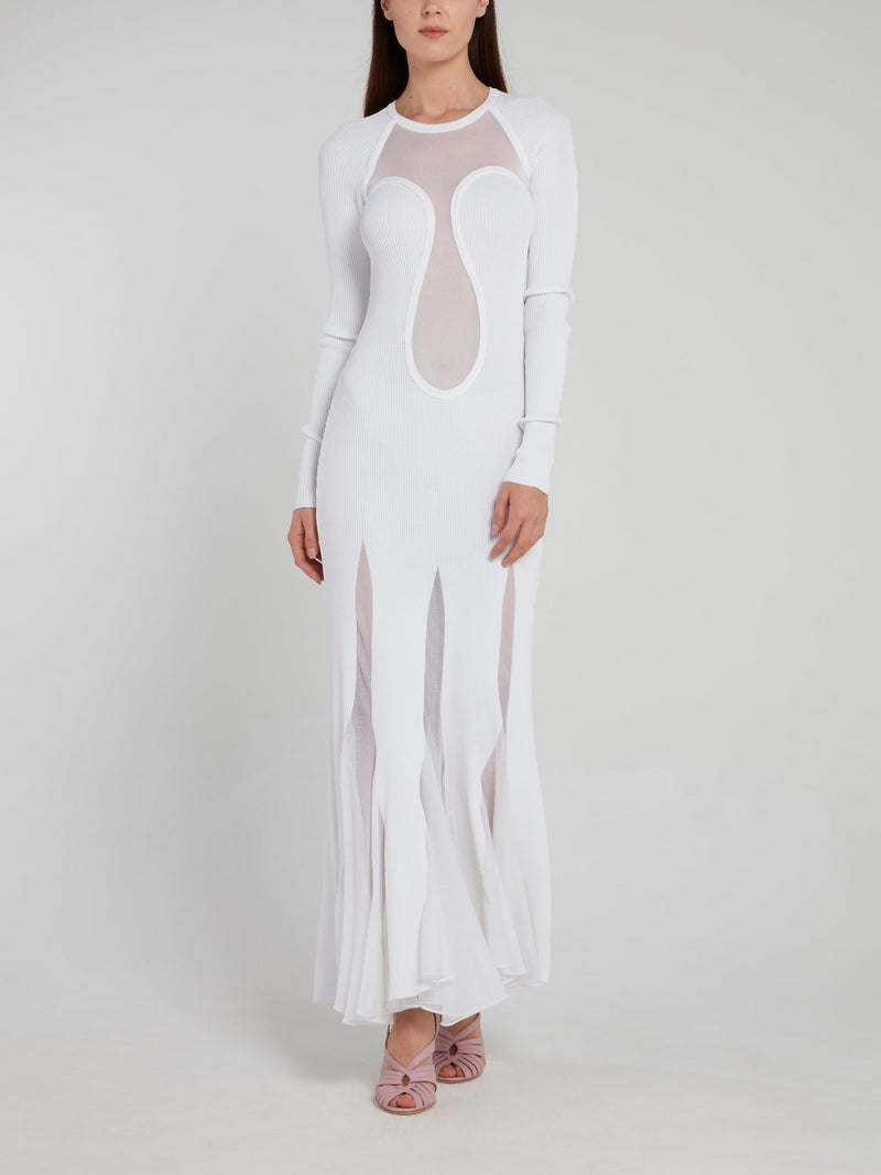 White Godet Knit Maxi Dress