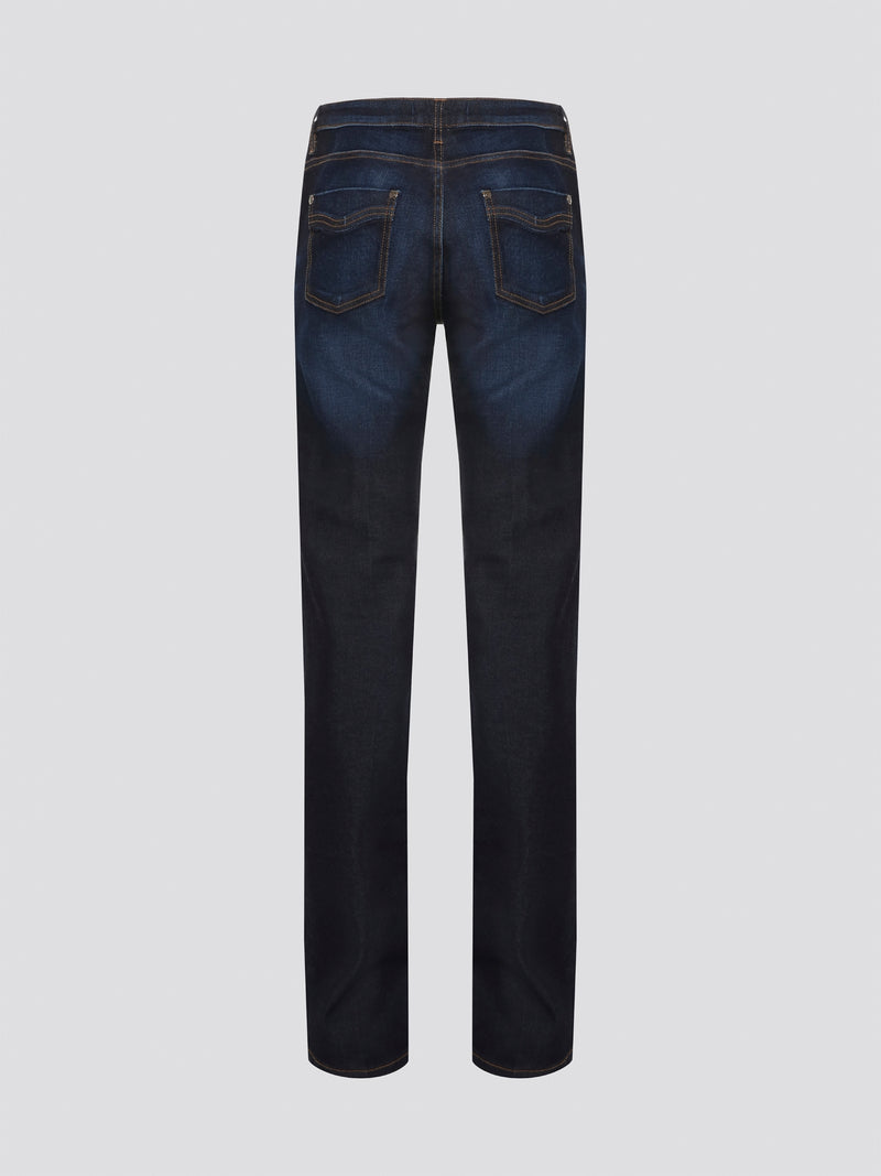 Step into the epitome of casual-chic with these Navy Stonewashed Straight Cut Jeans from Roberto Cavalli. Crafted from premium denim, these jeans feature a relaxed fit and a trendy stonewashed finish for that effortlessly cool look. Pair them with a crisp white shirt and sneakers for a weekend-ready ensemble that exudes style and comfort.