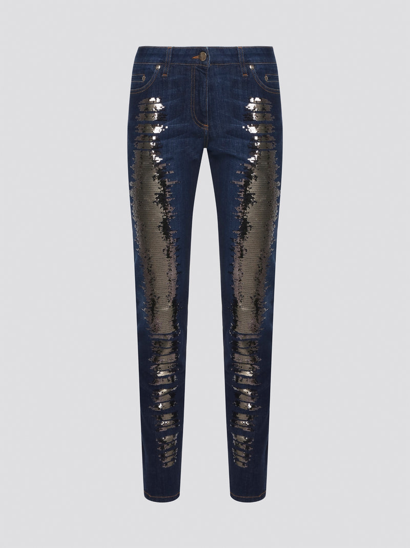 Sparkle and shine in style with these navy sequin embellished jeans by Roberto Cavalli. With a touch of glam and a hint of luxury, these jeans are perfect for adding a touch of sophistication to any outfit. Stand out from the crowd and make a statement with these dazzling denim pants.