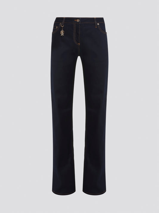 Step up your denim game with Roberto Cavalli's Navy Contrast Stitch Jeans. These sleek, stylish jeans feature a classic navy wash with contrasting white stitching for a bold, eye-catching look. With their slim fit and high-quality construction, these jeans are sure to become a staple in your wardrobe.