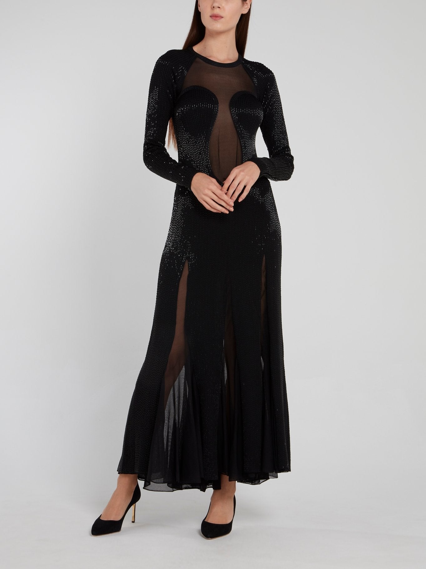 Black Beadwork Godet Maxi Dress