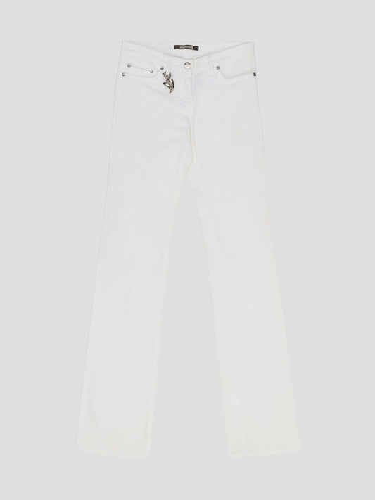 Elevate your denim game with these stunning White Wide Leg Denim Jeans from Roberto Cavalli. Crafted from premium quality denim, these jeans feature a sophisticated wide leg silhouette that exudes elegance and style. Perfect for day or night, these jeans are a versatile must-have addition to your wardrobe.
