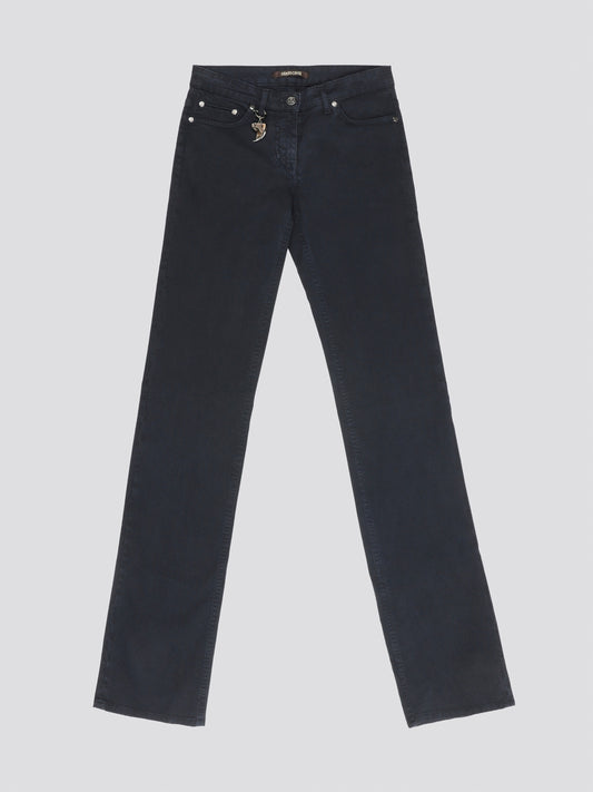 Step out in style with these Navy Wide Leg Denim Jeans from Roberto Cavalli. The sophisticated dark wash adds a touch of refined elegance while the wide leg cut creates a flattering silhouette. Perfect for dressing up or down, these jeans will quickly become a staple in your wardrobe.