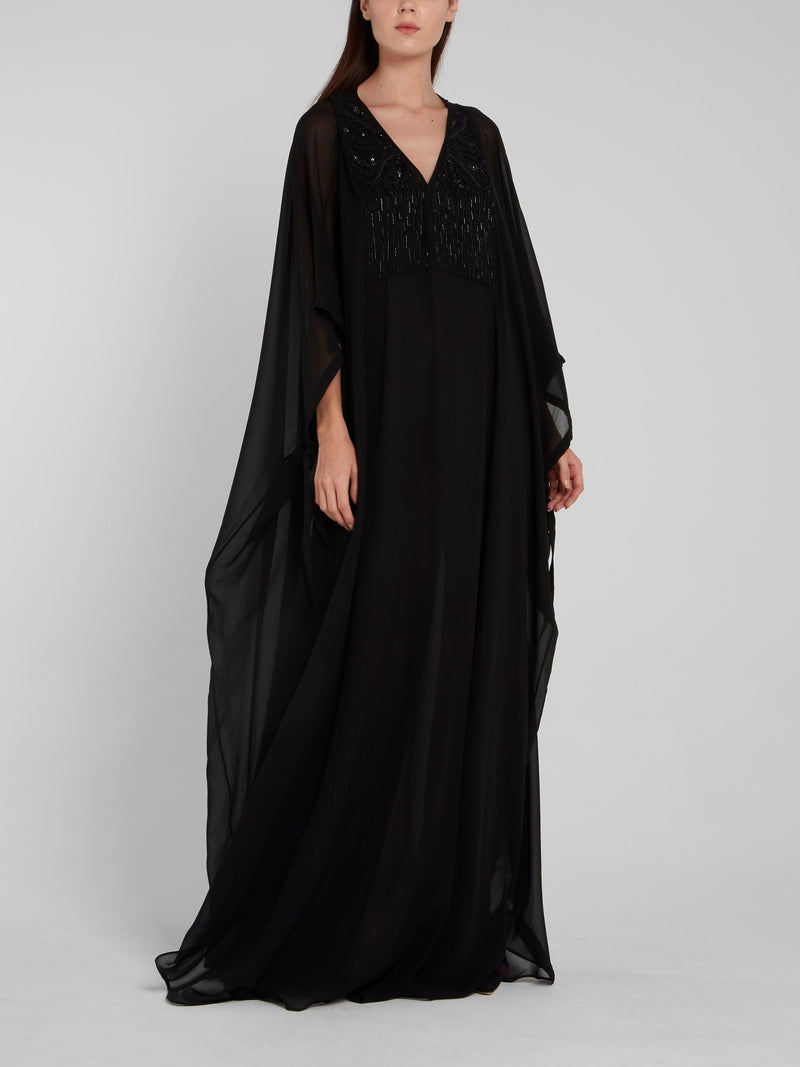 Black Beaded V-Neck Maxi Dress