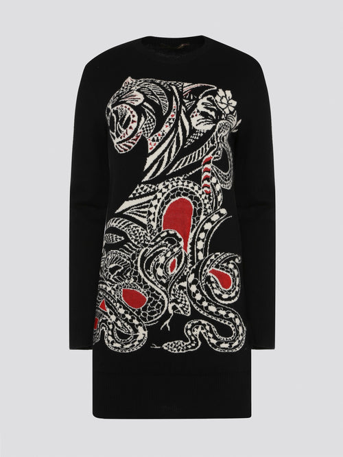 Step out in style and sophistication with this luxurious Black Knitted Sweater Dress by Roberto Cavalli. Crafted from the finest materials, this dress exudes elegance and charm with its intricate knit design and flattering silhouette. Whether for a night out on the town or a cozy evening in, this versatile piece will elevate any look with a touch of Italian glamour.