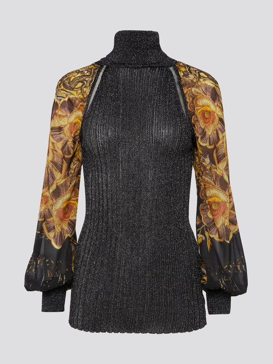 Indulge in the essence of elegance and femininity with Roberto Cavalli's Floral Sleeve Turtleneck Top. This stunning piece features delicate floral embroidery on the sleeves, adding a touch of whimsical charm to your wardrobe. Elevate your everyday look with this luxurious and eye-catching top that is sure to turn heads wherever you go.
