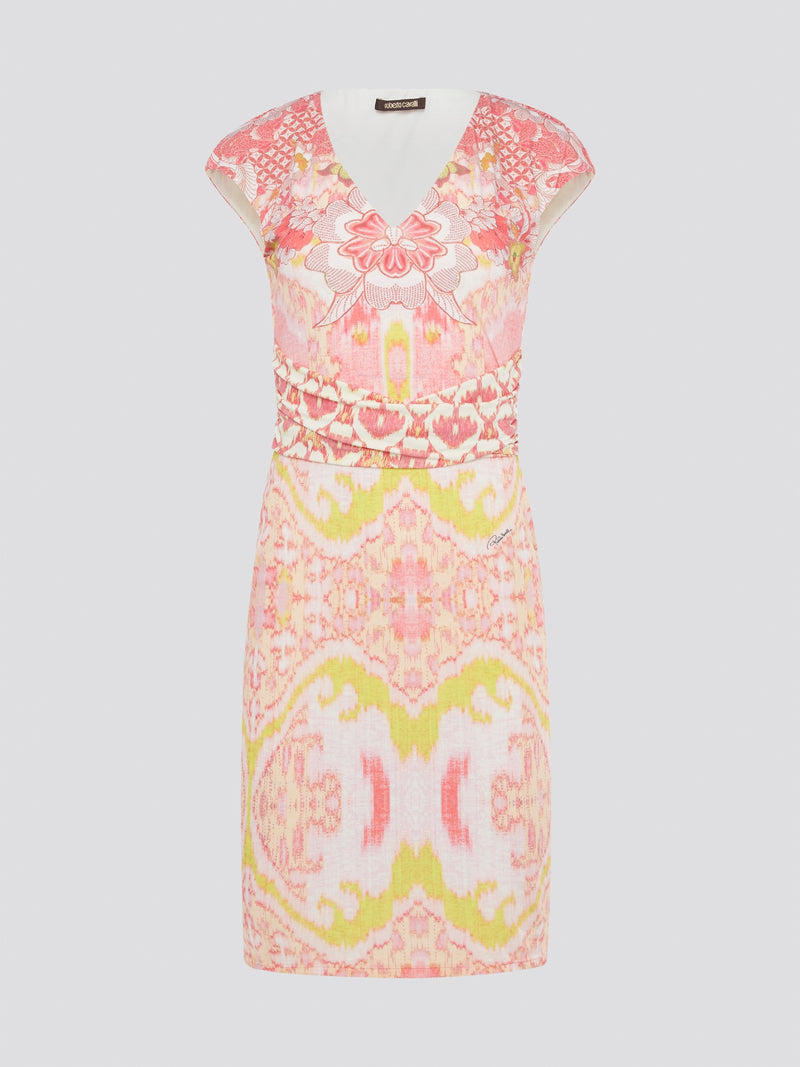 Transform any occasion into a fashion moment with this Pink Printed Cap Sleeve Dress by Roberto Cavalli. The vibrant hues and striking print instantly command attention, while the flattering cap sleeves and fitted silhouette elevate your feminine allure. Embrace your inner style icon and make a statement in this bold and beautiful designer dress.