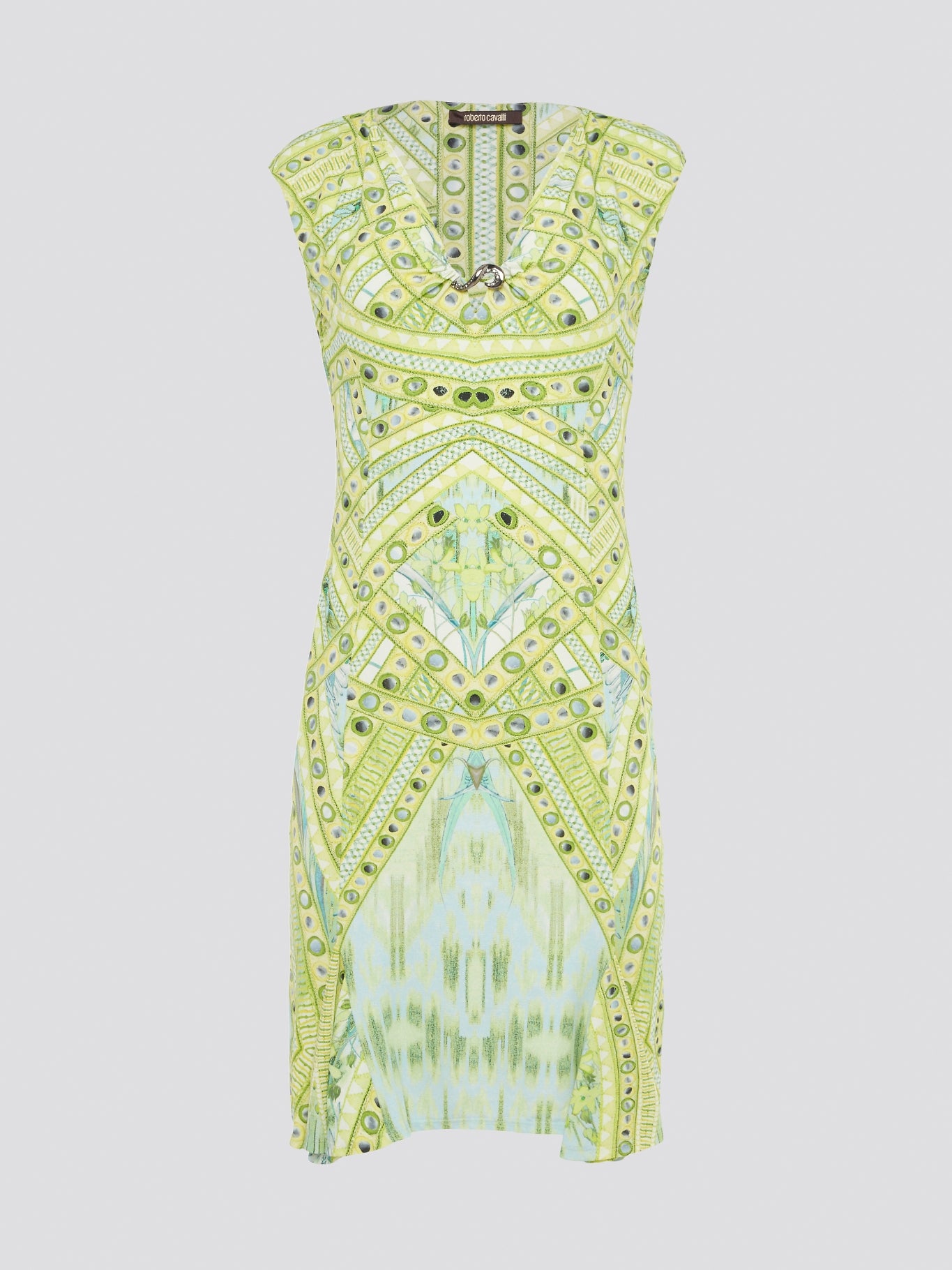 Embrace your inner goddess with this stunning Green Printed Sleeveless Dress from Roberto Cavalli. The intricate floral pattern and bold green hue will turn heads wherever you go, making you feel like a true fashion icon. Perfect for summer weddings, garden parties, or even a night out on the town, this dress is a must-have for any fashion-forward woman.