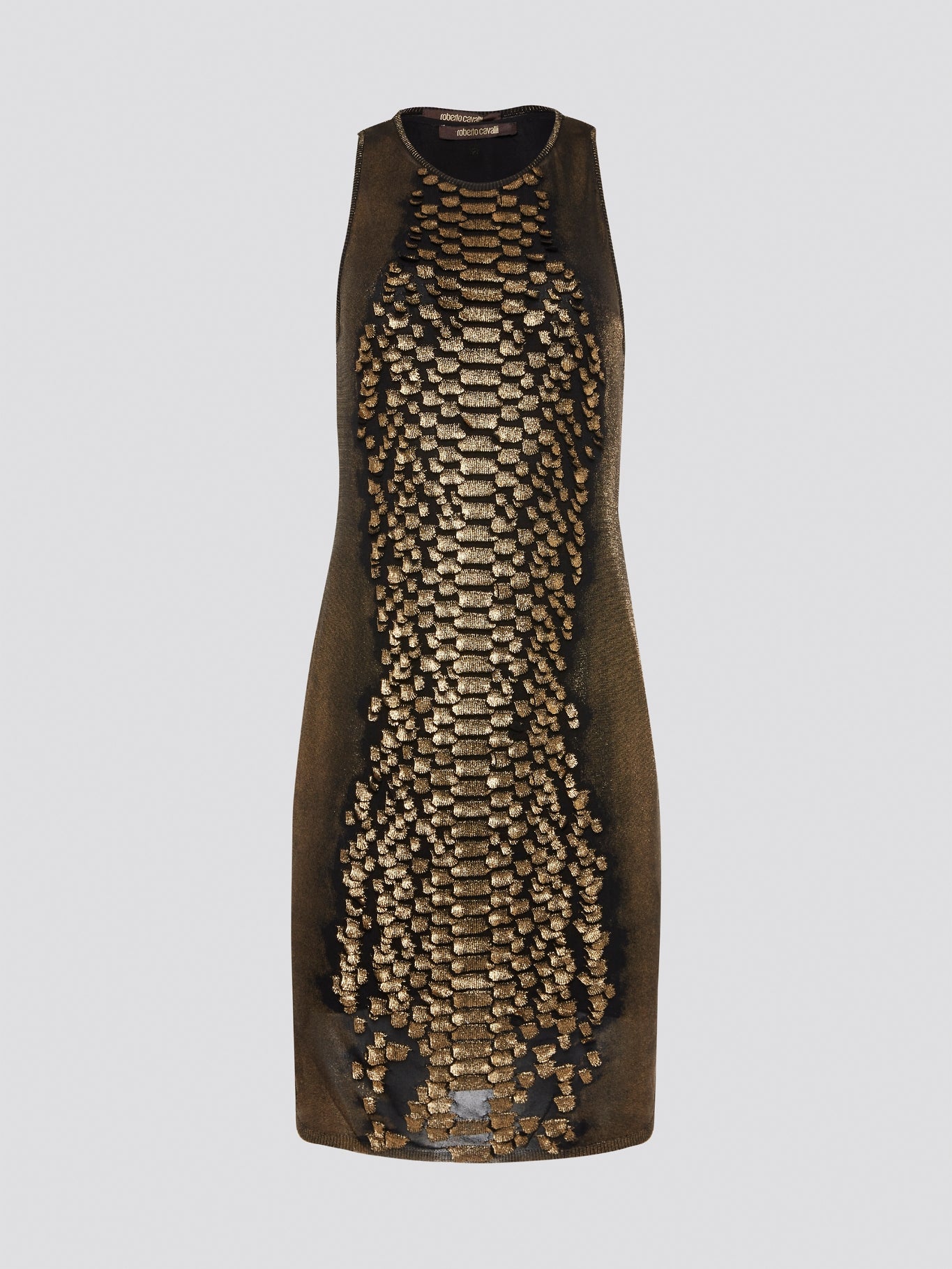 Step into the wild side with the Gold Reptilian Bodycon Dress from Roberto Cavalli. This eye-catching silhouette is adorned with a luxurious reptile print that will turn heads wherever you go. Perfect for a night out on the town, this dress is sure to make you feel like a dazzling diva.