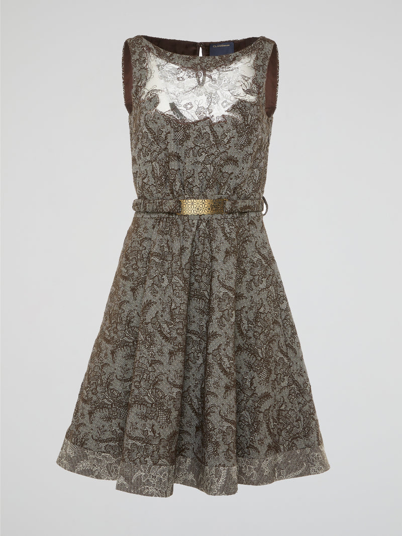 Clas Roberto Cavalli Brown Vintage Lace Overlay A-Line Dress with Metallic Accents Clas Roberto Cavalli Brown Vintage Lace Overlay A-Line Dress with Metallic Accents