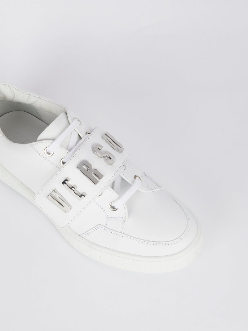 White Low Top Silver Logo Sneakers