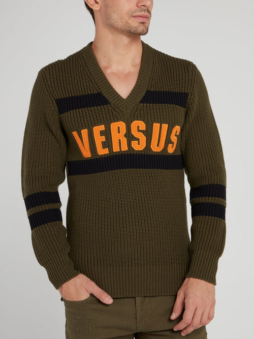Оливковый вязаный свитер Varsity