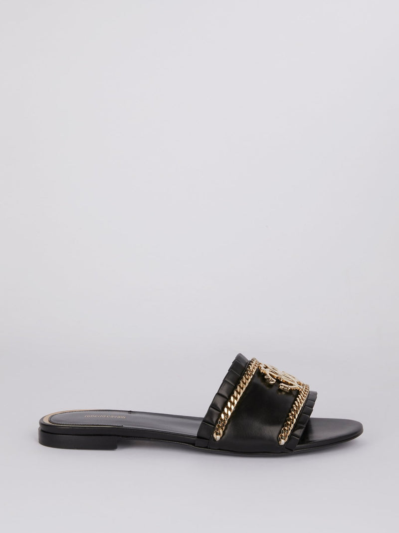 Black Chain Embellished Flat Sandals