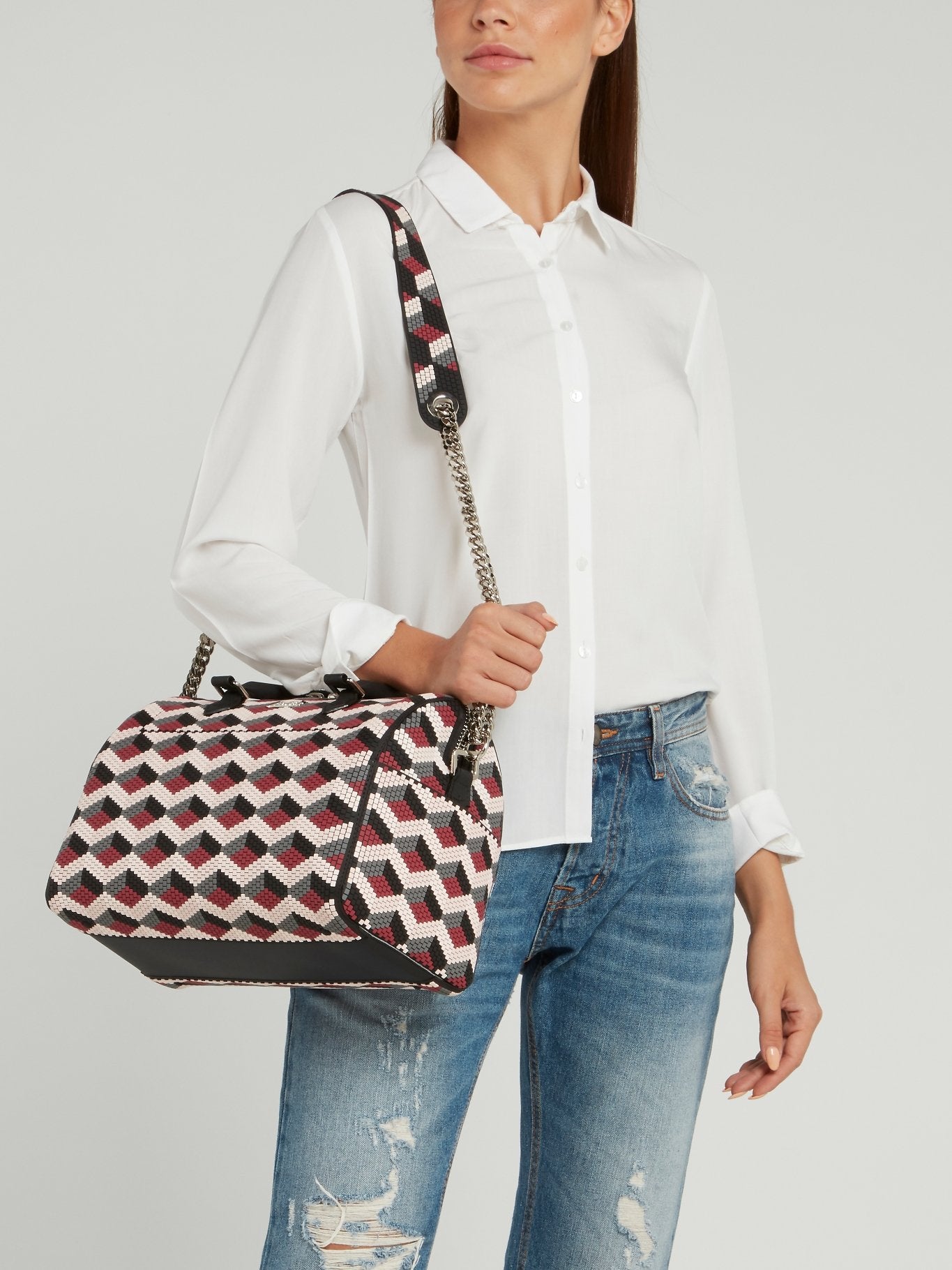White-Red Navajos Squared Top Handle Bag