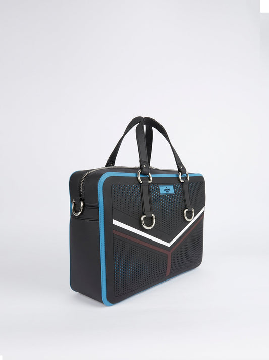 Черная дорожная сумка в спортивном стиле с голубой отделкой Nikandros