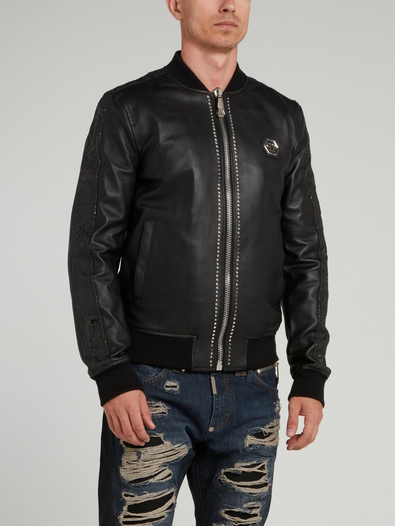 Studded Leather Bomber Jacket